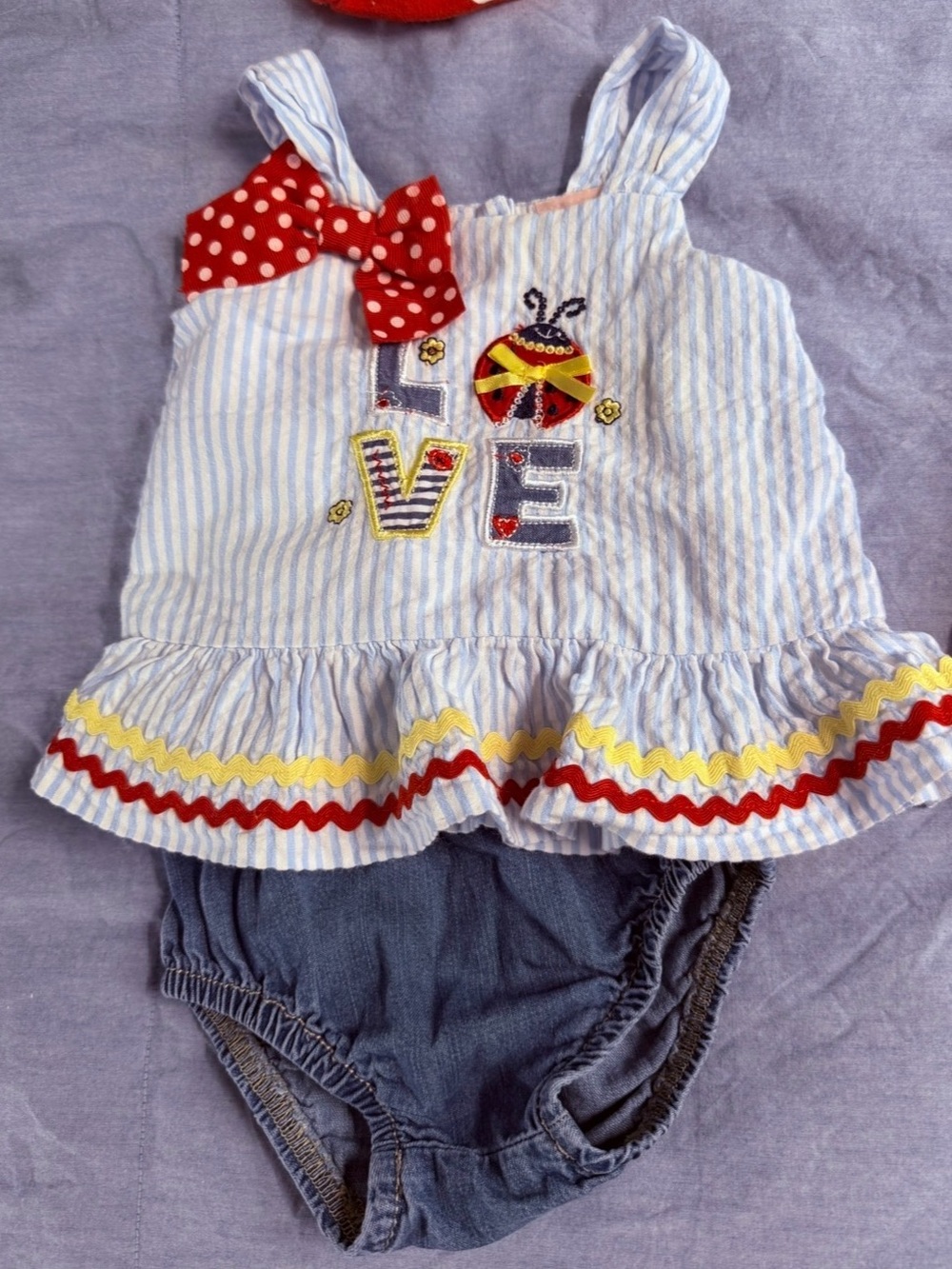 Little Lass Seersucker Blue & White Stripe Ruffle Set with Red Polka Bow, 9 mos
